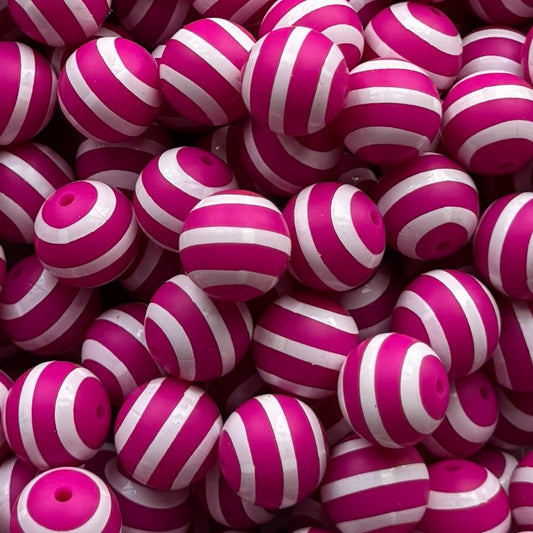 15mm Fuchsia With White Stripes Silicone Bead