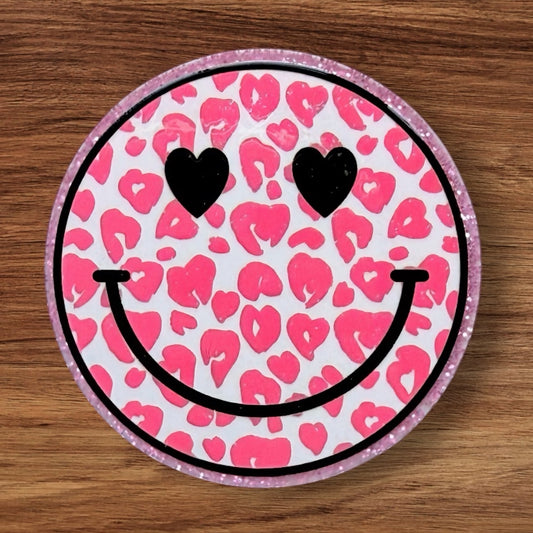 Pink Animal Print Happy Face Acrylic Flatback