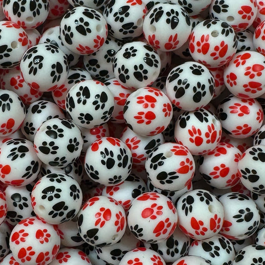 15mm Red & Black Paw Print Silicone Bead