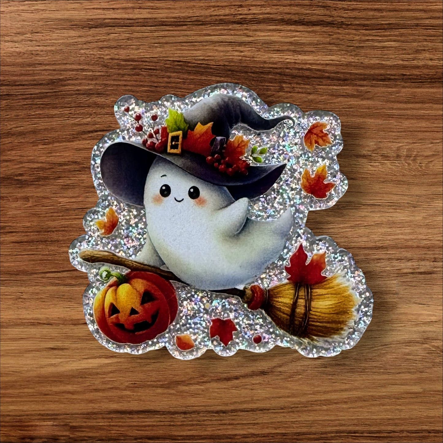 Ghost On Broom Acrylic Flatback
