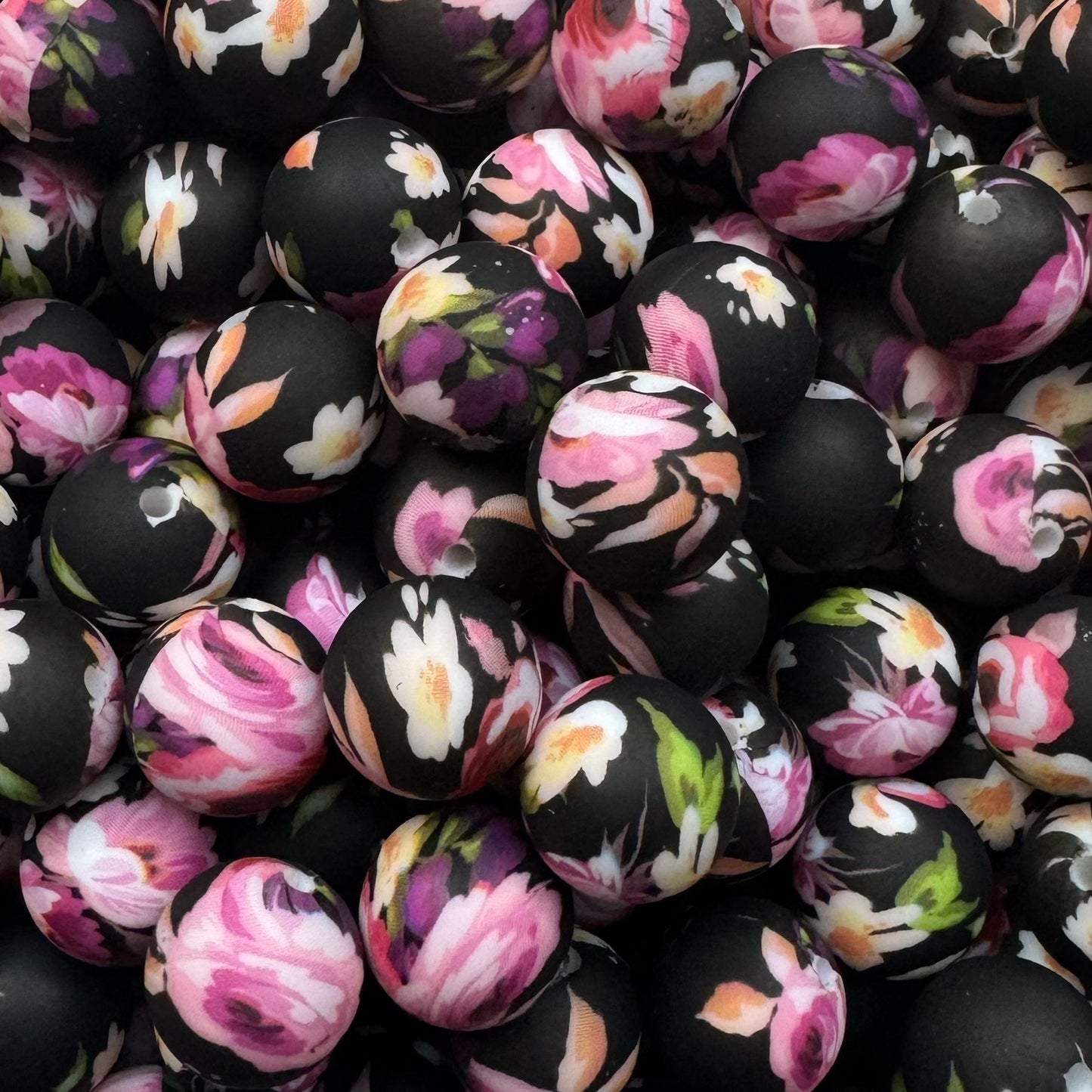 15mm Black & Pink Floral Silicone Bead