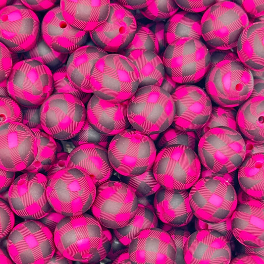 15mm Hot Pink Plaid Silicone Bead