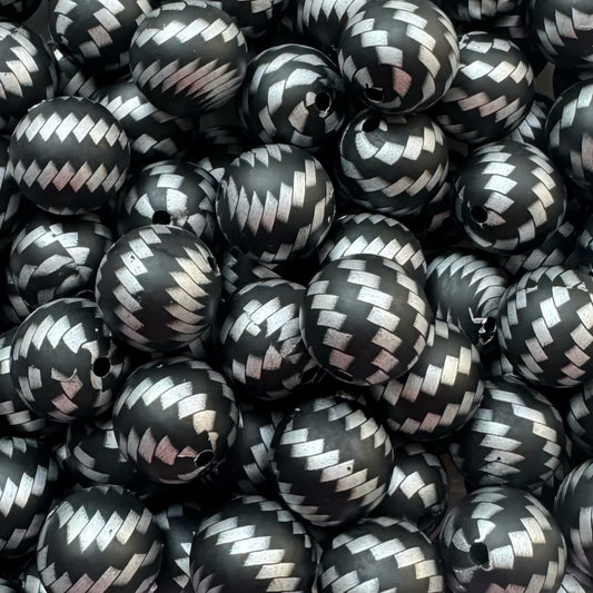 15mm Silver & Black Chevron Silicone Bead