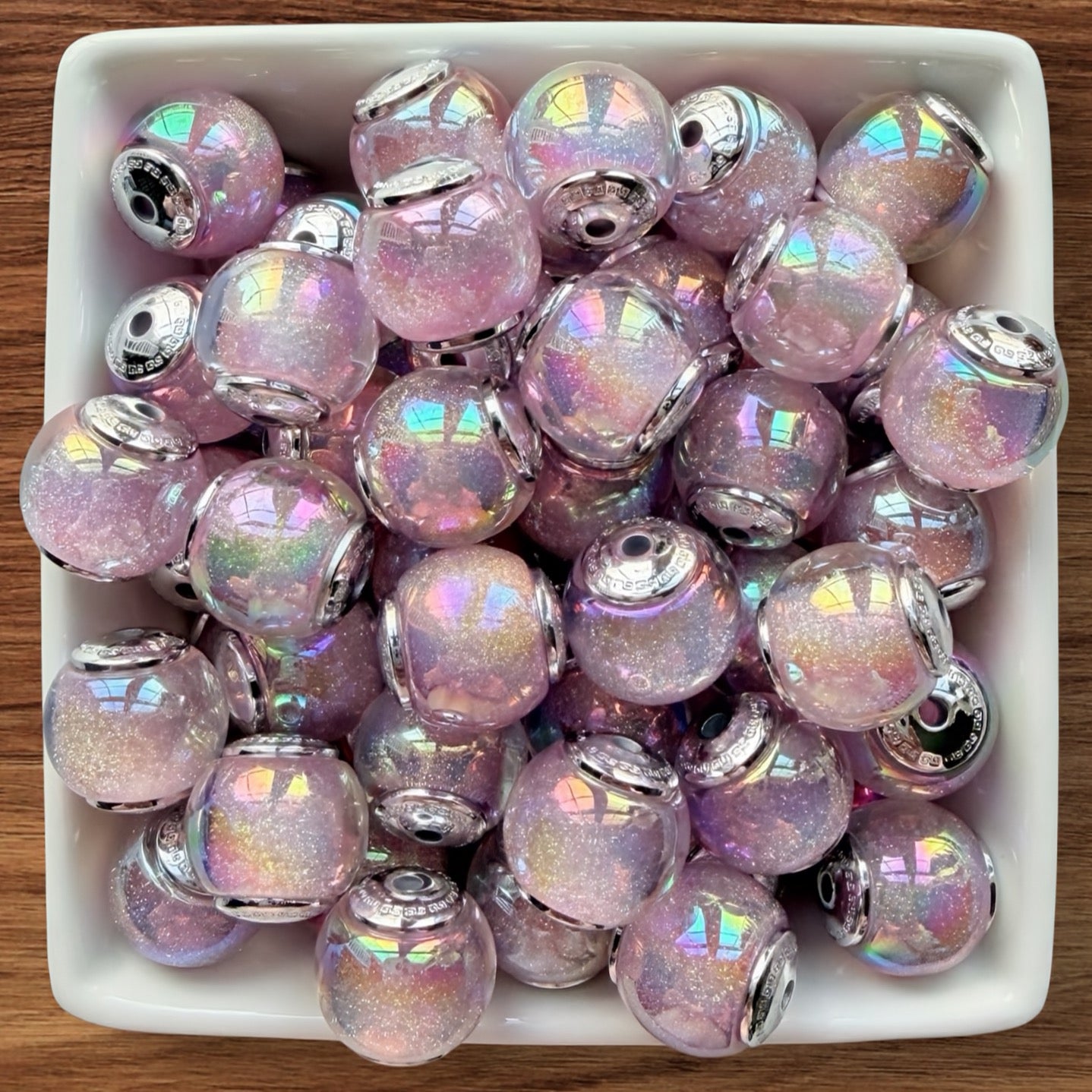 16mm Galaxy Glitter Acrylic Bead With Silver End Caps (Pink)