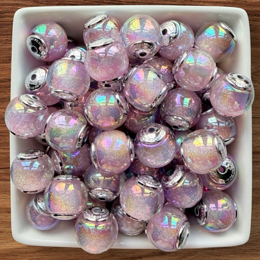 16mm Galaxy Glitter Acrylic Bead With Silver End Caps (Pink)