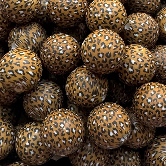 15mm Brown Animal Print Silicone Bead