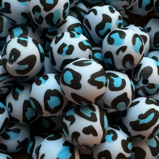 15mm Blue Leopard Silicone Bead