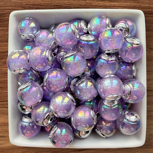 16mm Galaxy Glitter Acrylic Bead With Silver End Caps (Purple)