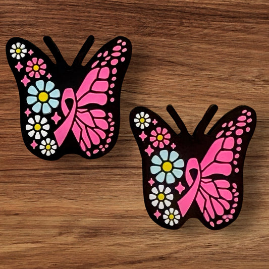 Butterfly With Pink Ribbon And Flowers Focal