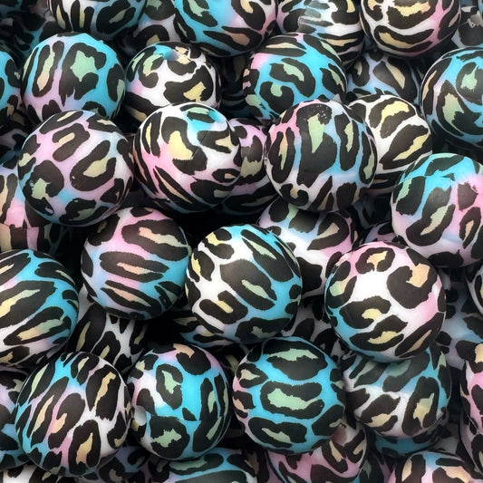 15mm Leopard on Teal Swirl Silicone Bead
