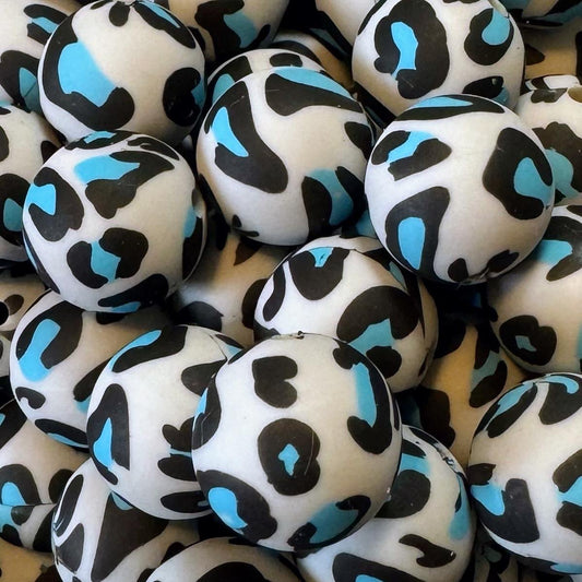 15mm Blue and Gray Leopard Print Silicone Bead