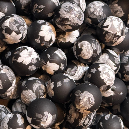 15mm Black and White Flowers Silicone Bead