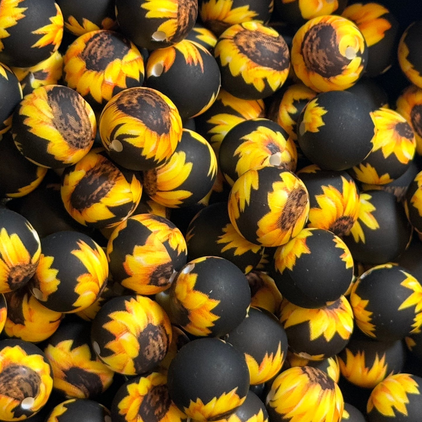 15mm Sunflowers on Black Silicone Bead