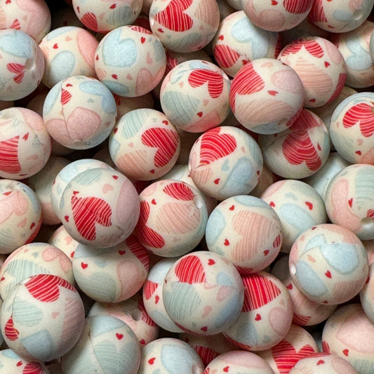 15mm Red and Blue Sketch Hearts Silicone Bead
