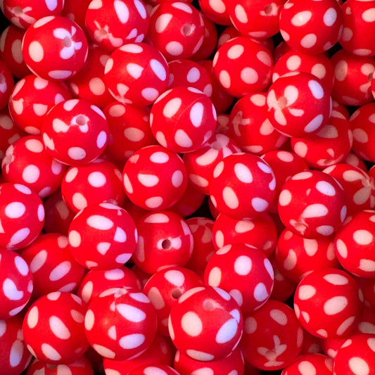 15mm Red Polka Dot Silicone Bead