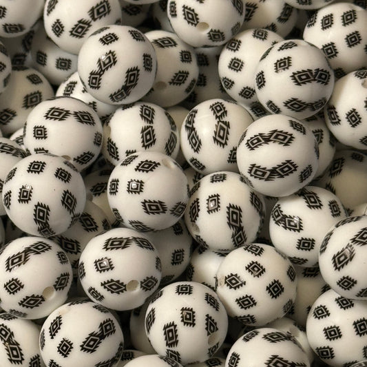 15mm Black and White Aztec Silicone Bead