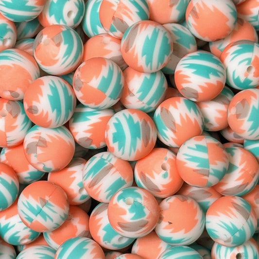 15mm Peach and Turquoise Aztec Silicone Bead