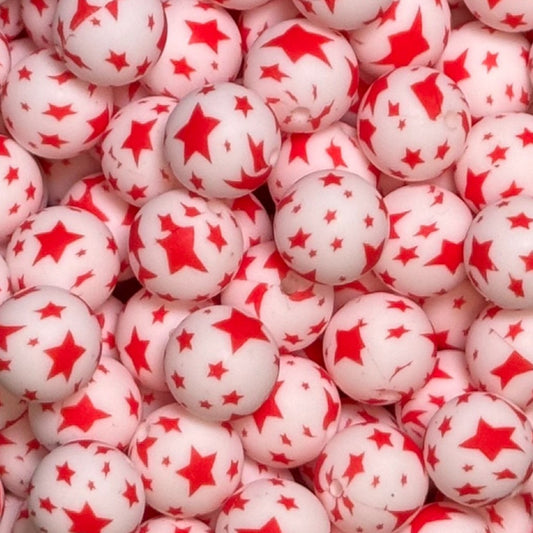 15mm Red Stars on White Silicone Bead