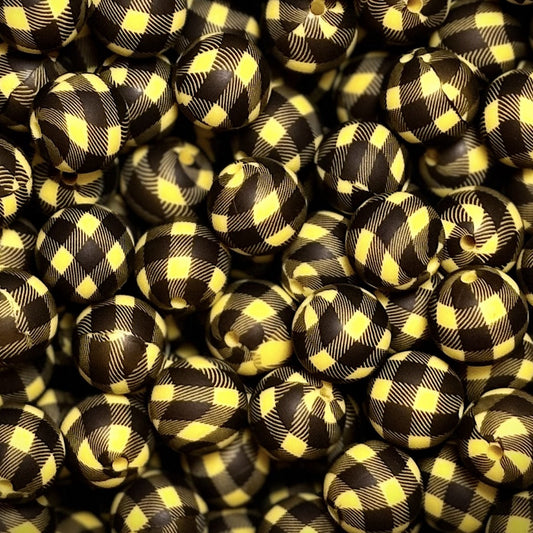 15mm Yellow and Black Buffalo Plaid Silicone Bead