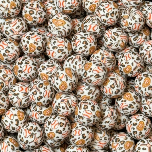 15mm Leopard Baseball Silicone Bead