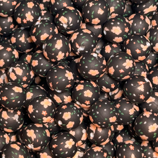 15mm Peach Flowers on Black Silicone Bead
