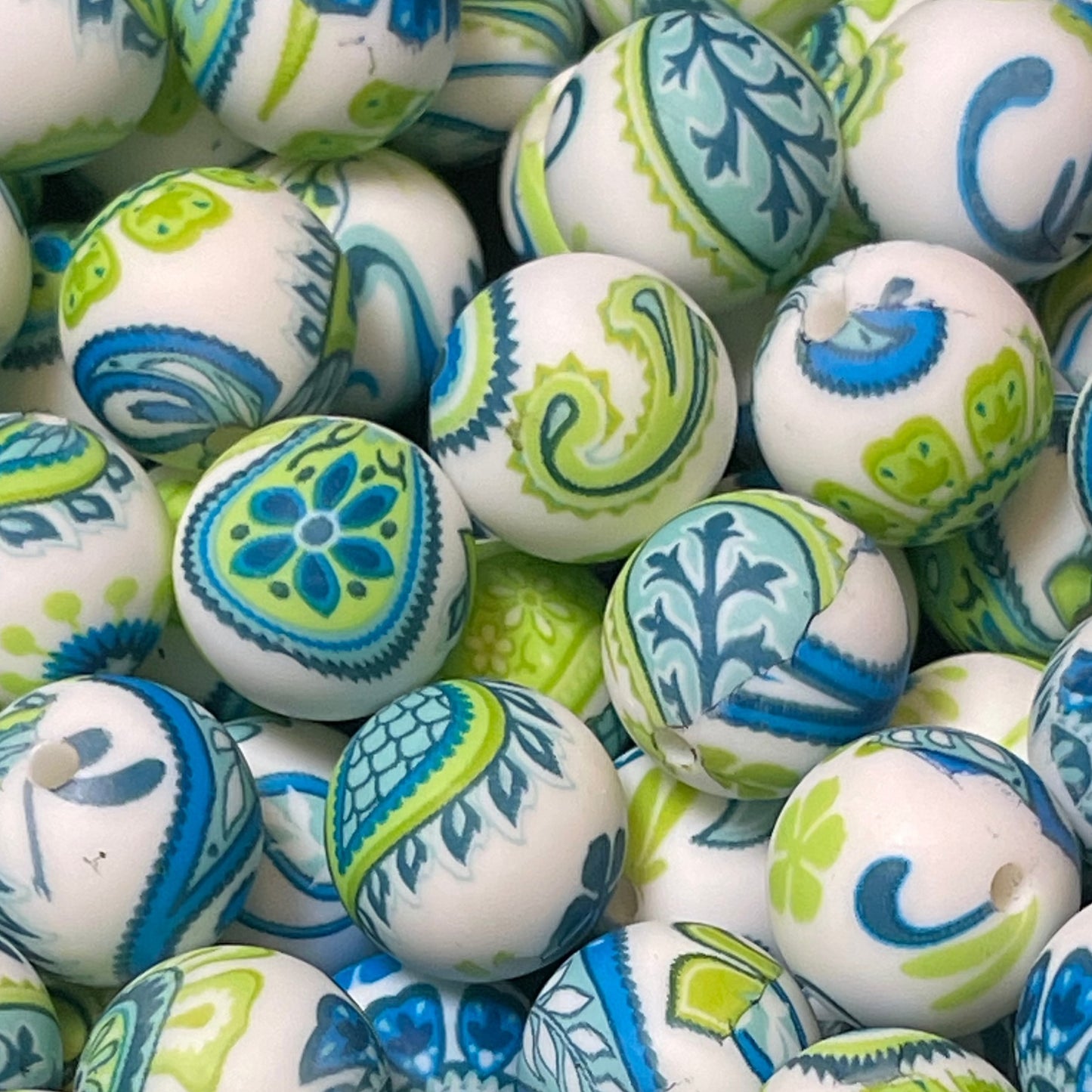15mm Green and Blue Paisley Silicone Bead