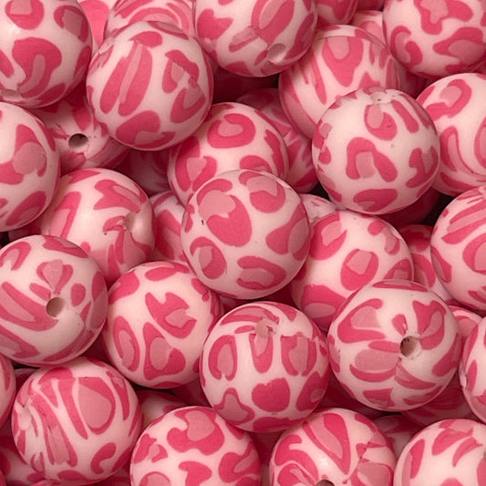15mm Pink Leopard Silicone Bead