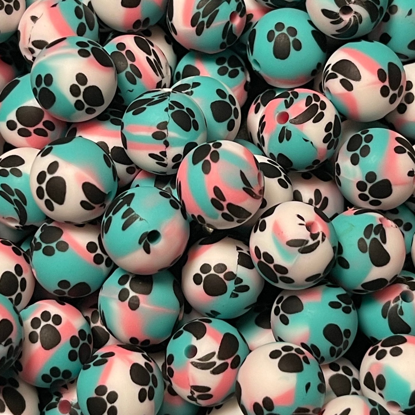 15mm Paws on Teal Swirl Silicone Bead