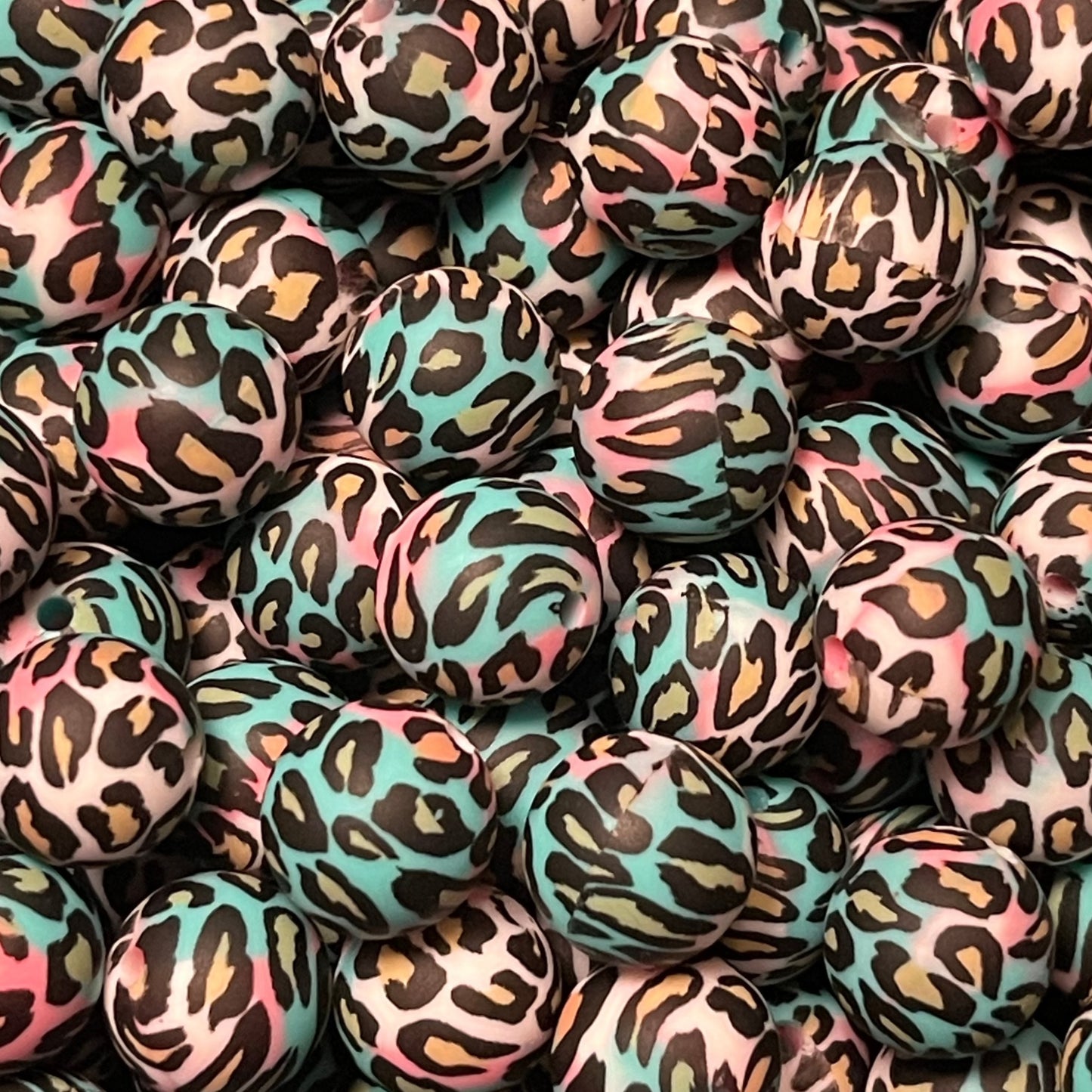 15mm Leopard on Teal Swirl Silicone Bead