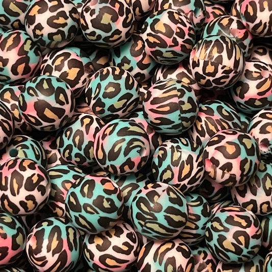 15mm Leopard on Teal Swirl Silicone Bead